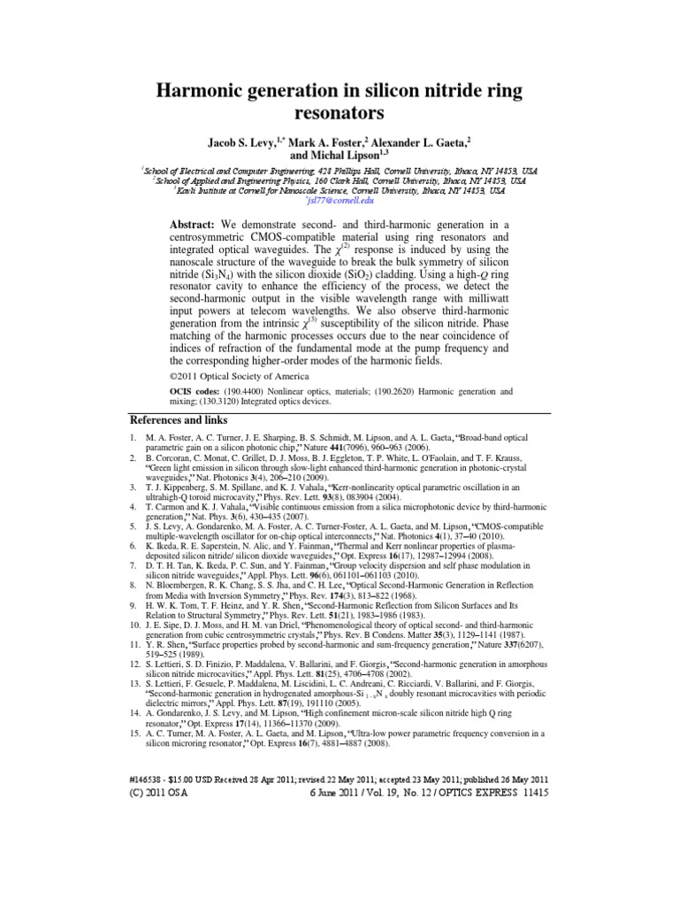 Harmonic Generation in Silicon Nitride Ring Resonators | PDF ...
