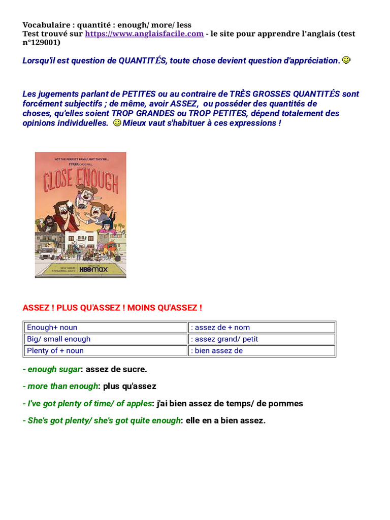 Vocabulaire - Quantité - Enough - More - Less | PDF | Arts du langage ...