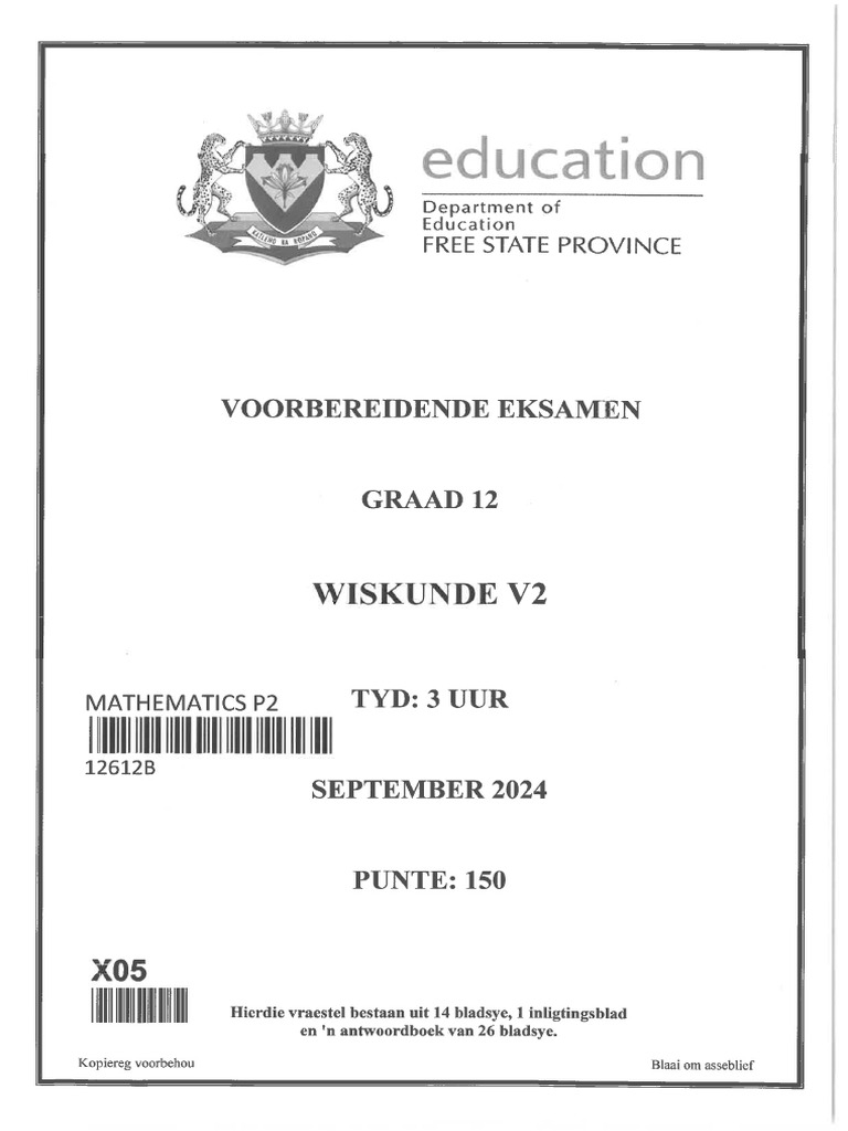 G12 Wiskunde V2 Sept Free State 2024 | PDF