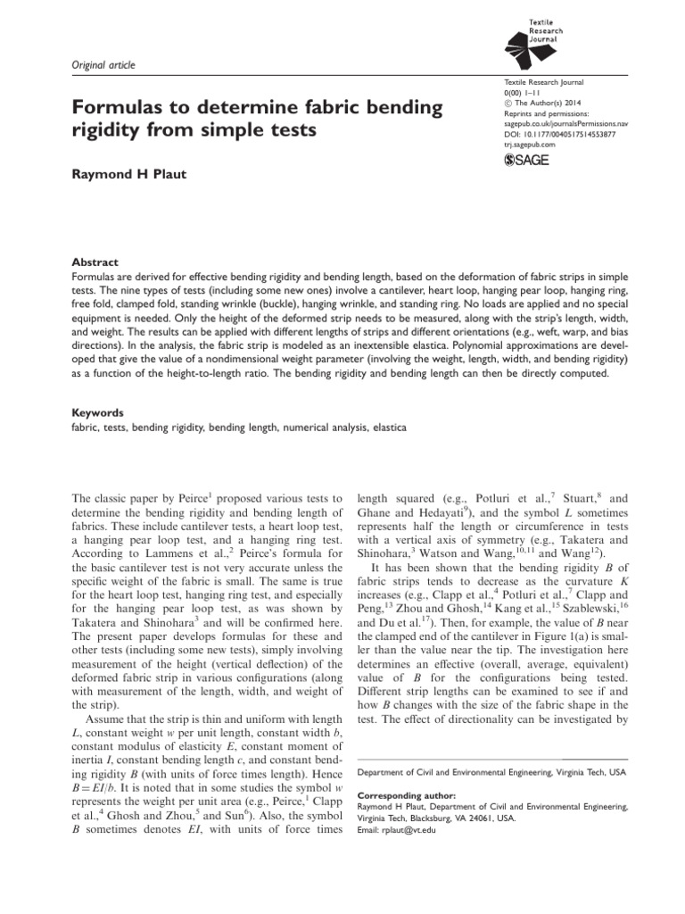 Fabric Bending Rigidity Test Formulas | PDF | Bending | Stiffness