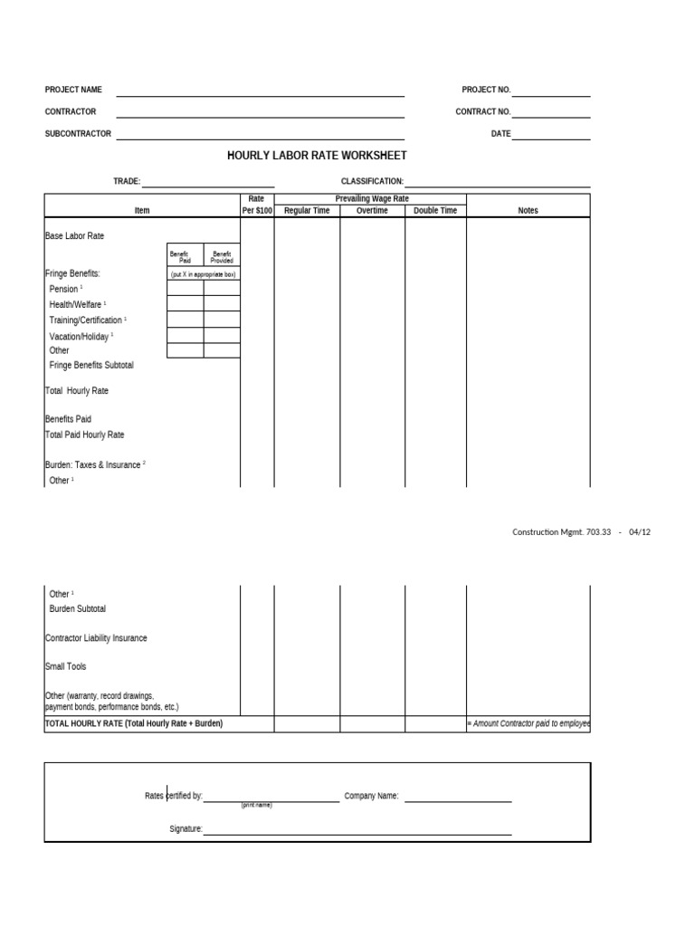 Hourly Labor Rate Worksheet | PDF