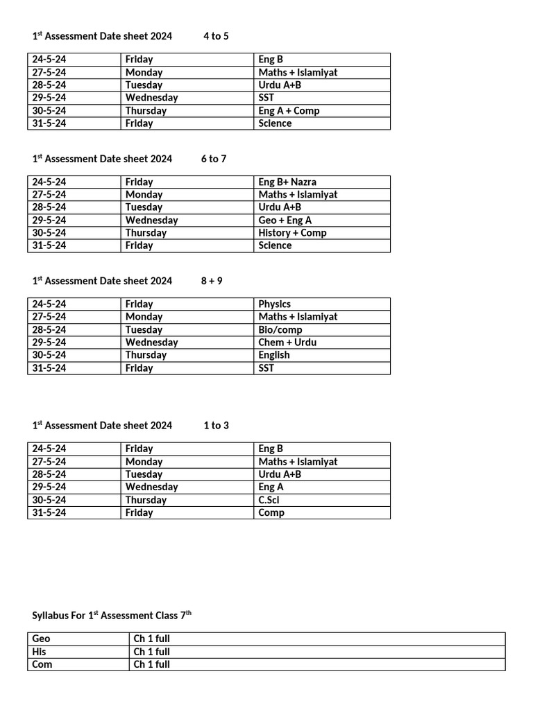 2024 Class 7 Assessment Datesheet | PDF | Input/Output | Printer ...