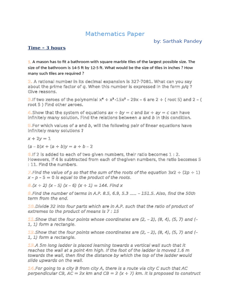 Mathematics Paper For Class 10 by Sarthak | PDF | Circle | Numbers