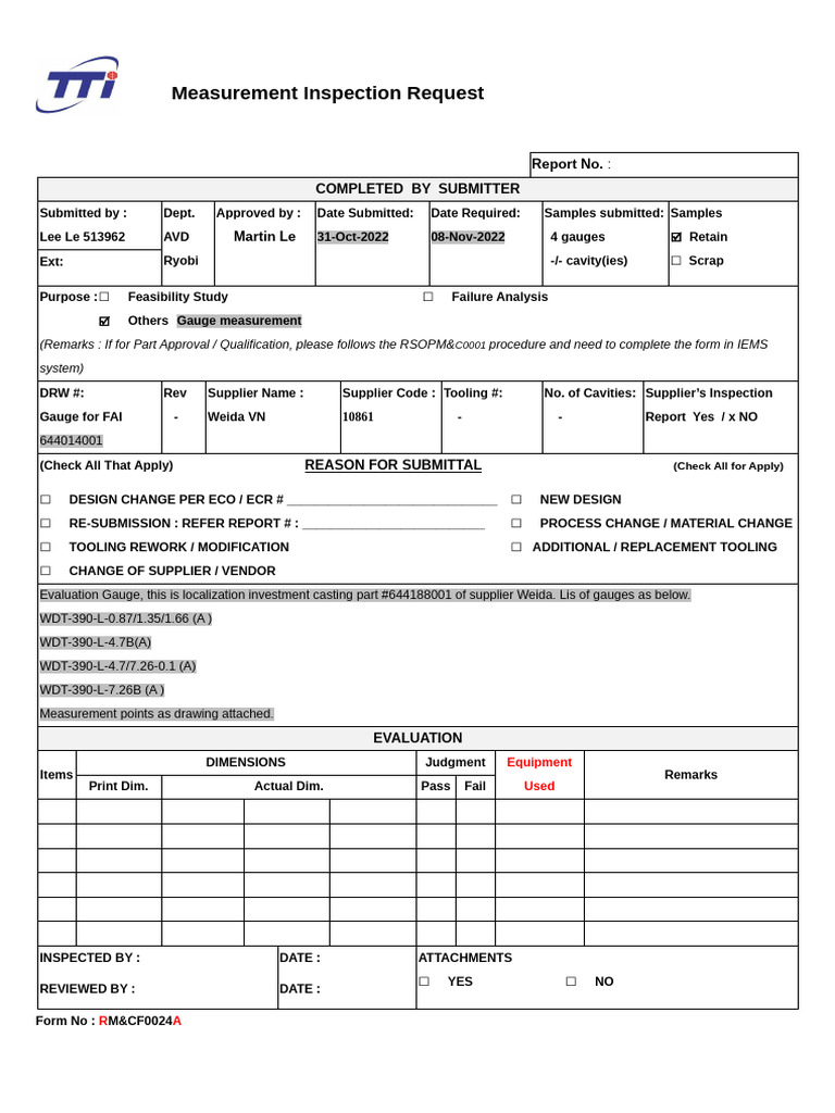 Measurement Inspection Request Report | PDF | Evaluation | Analysis