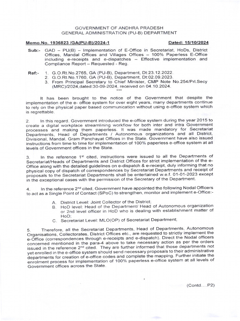 E-Office Implementation Memo | PDF | Government Of India