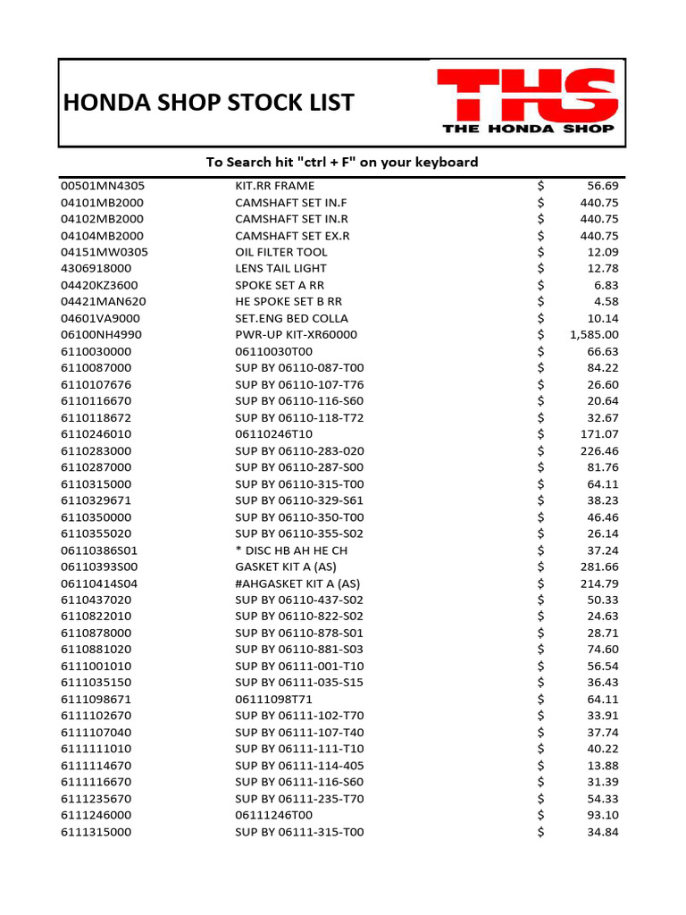 Honda Spare Parts Price List | PDF | Rotating Machines | Propulsion