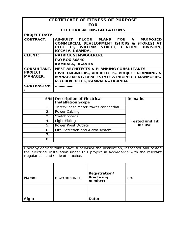 Certificate of Fitness for Electrical Installations | PDF | Technology ...