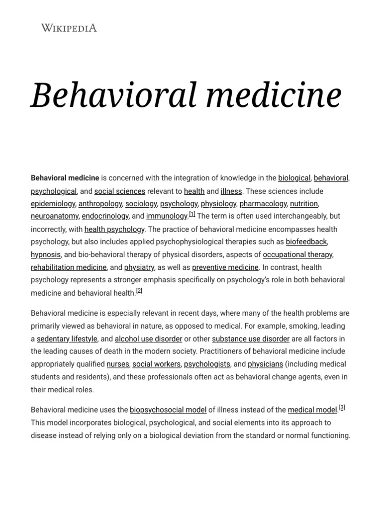 Behavioral Medicine - Wikipedia | PDF | Clinical Medicine | Medicine