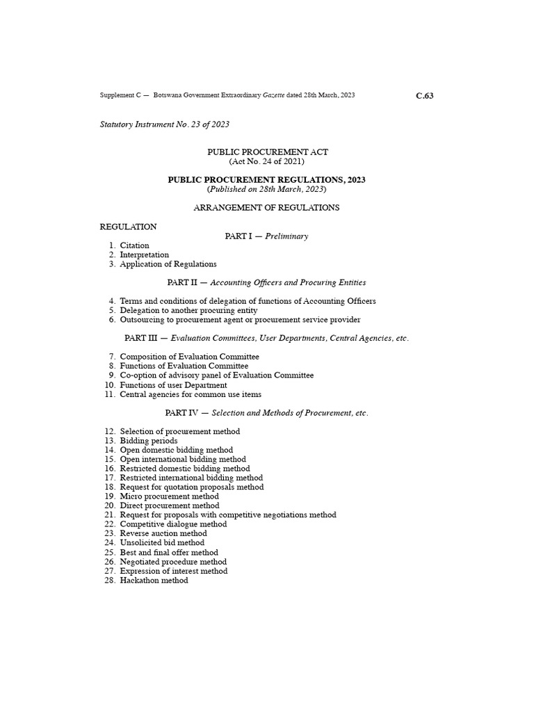 Botswana Public Procurement Regulations 2023 | PDF | Procurement | Business