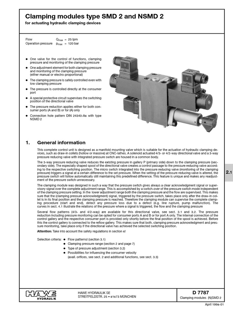 Hydraulic Clamping Modules SMD 2 & NSMD 2 | PDF | Valve | Switch