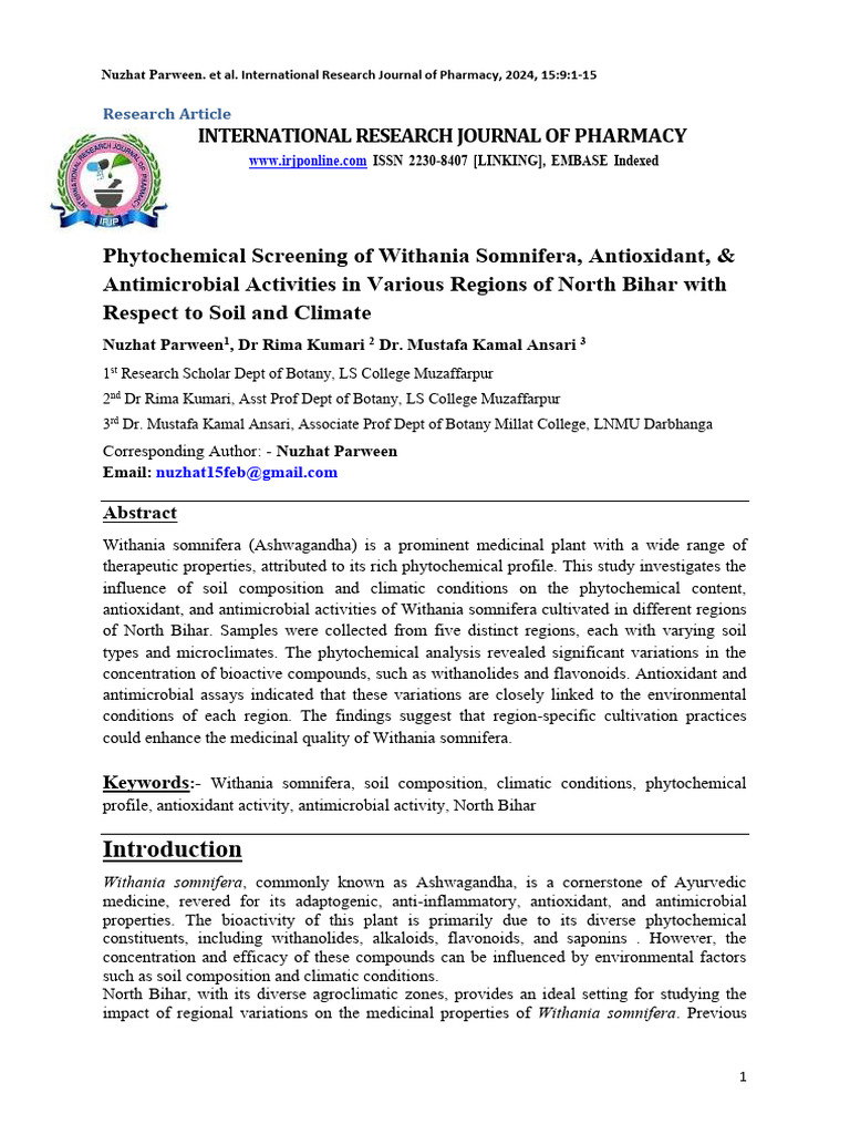 Phytochemical and Bioactivity Analysis of Withania Somnifera in North ...