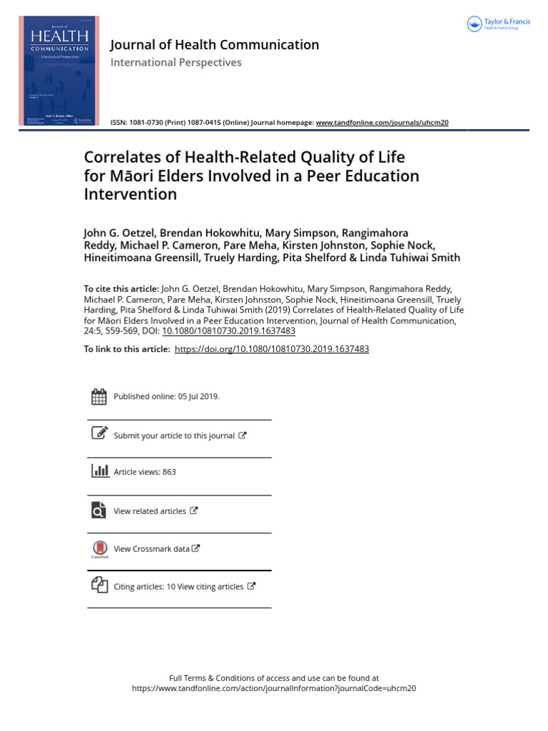 Correlates of Health-Related Quality of Life For M Ori Elders Involved ...