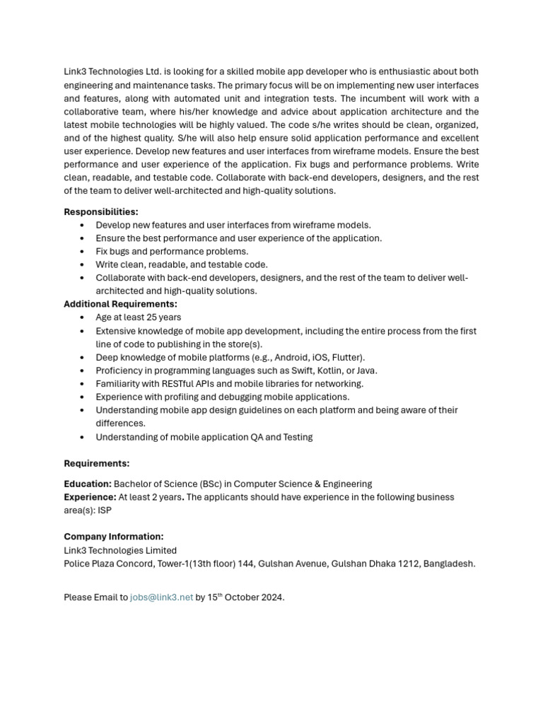 Mobile App Developer Job Opening Pdf Computers Technology