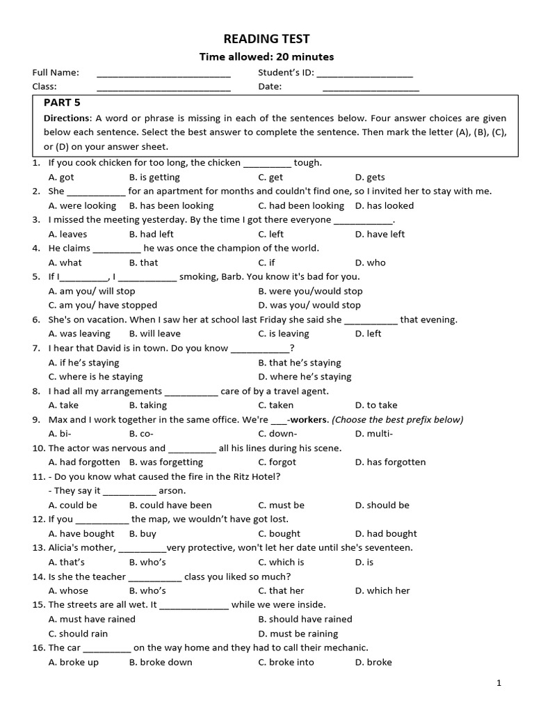 Reading Comprehension Test Questions | PDF