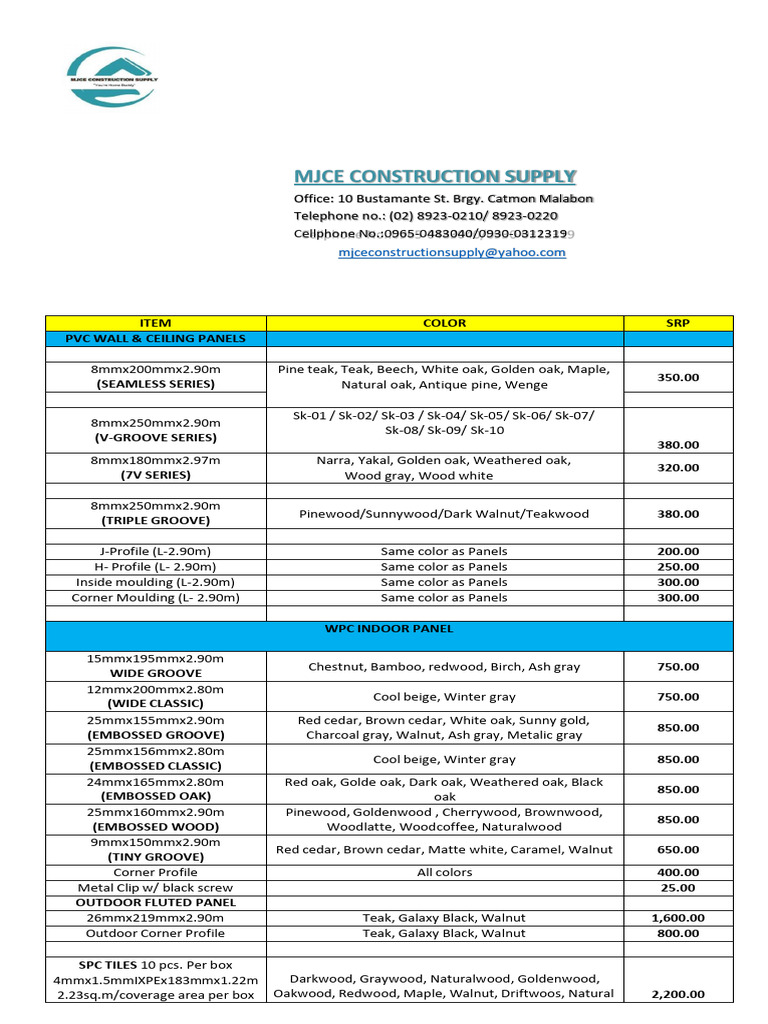 Construction Materials Price List 2023 | PDF | Drywall | Building Materials