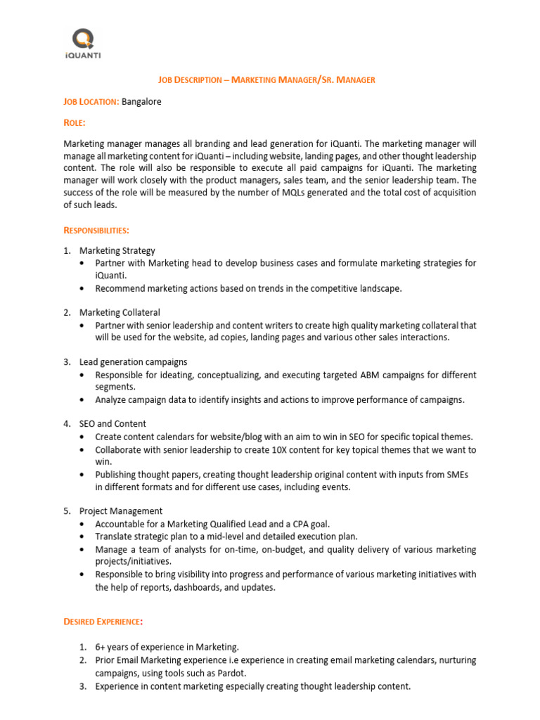 Marketing Manager Job Description - iQuanti | PDF | Marketing | Digital ...