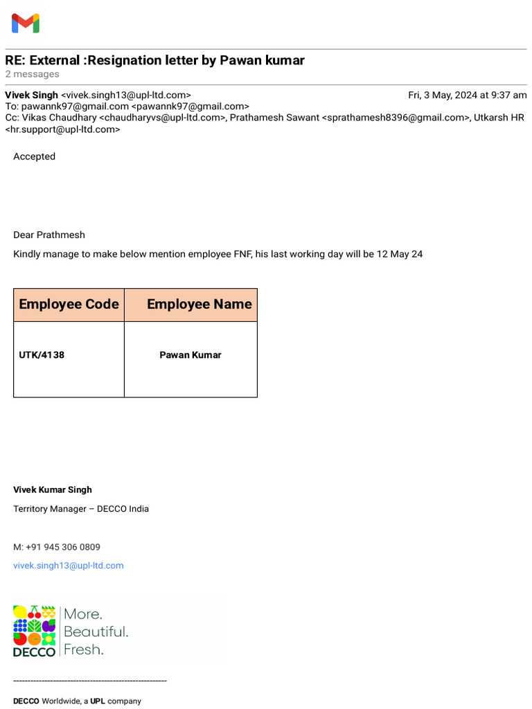 Gmail - RE - External - Resignation Letter by Pawan Kumar | PDF ...