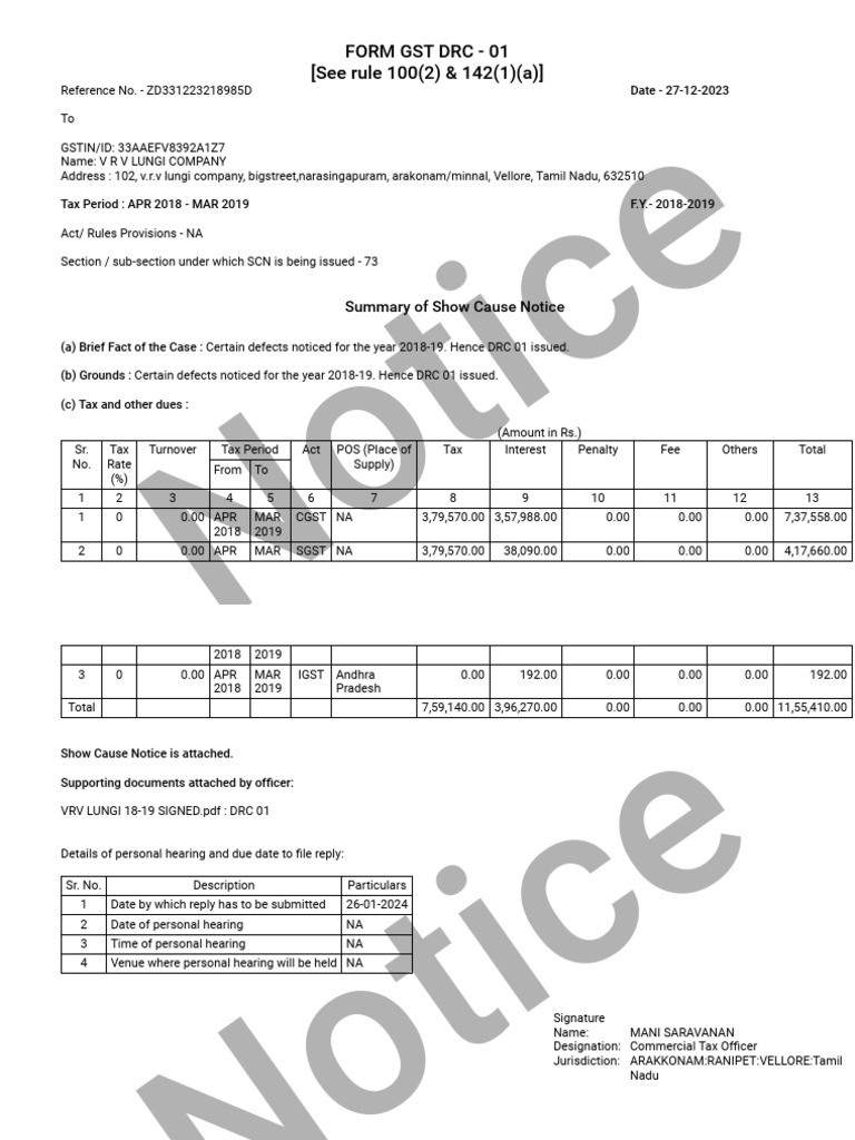 GST Notice for VRV Lungi Company | PDF | Public Law | Taxation