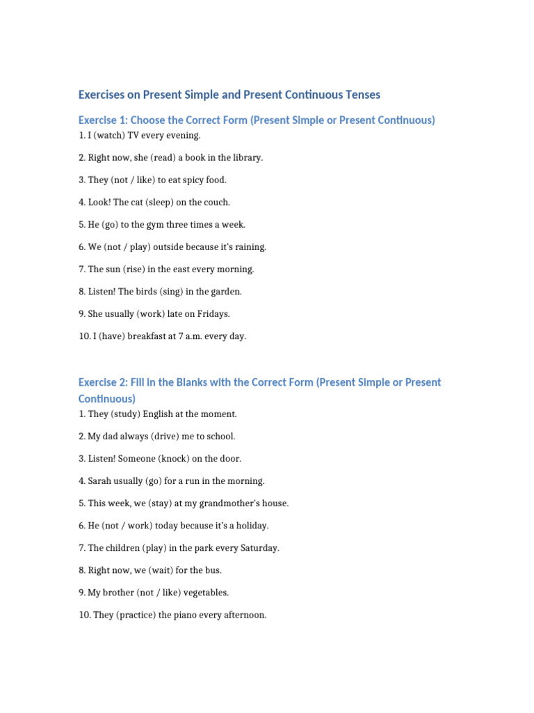 Present Simple and Present Continuous Exercises | PDF