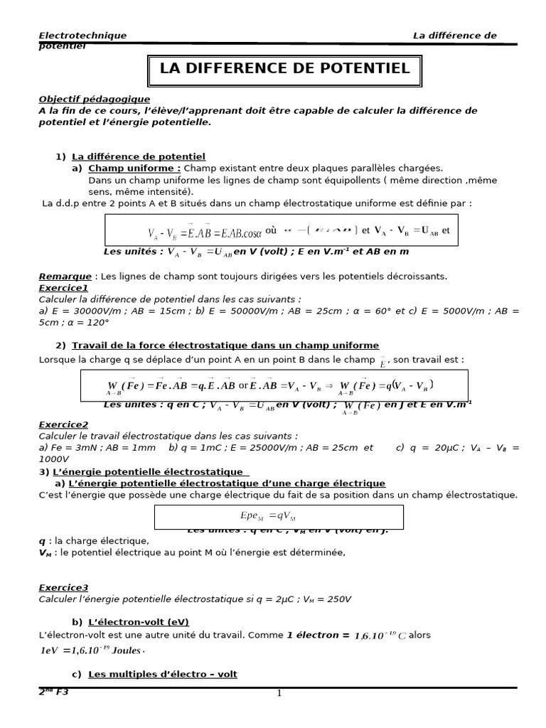 Calcul de la Différence de Potentiel PDF Tension électrique — free download