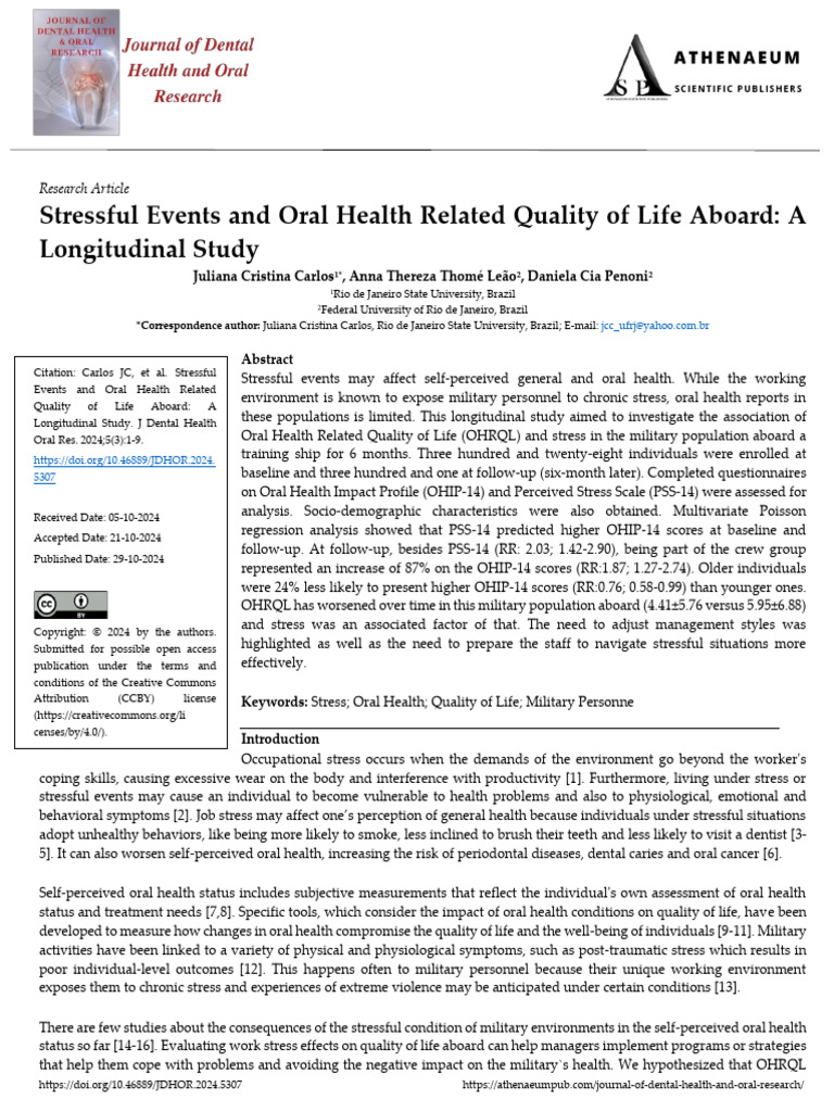 Stressful Events and Oral Health Related Quality of Life Aboard A ...