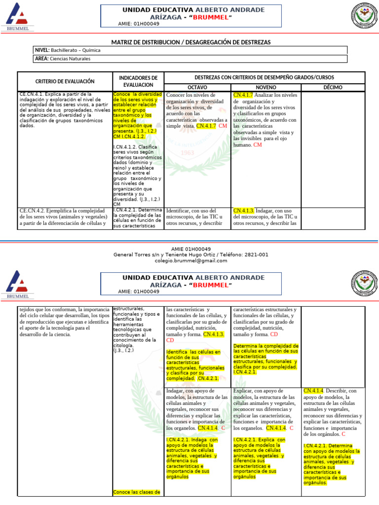 Matriz de Distribucion / Desagregación de Destrezas: Bachillerato