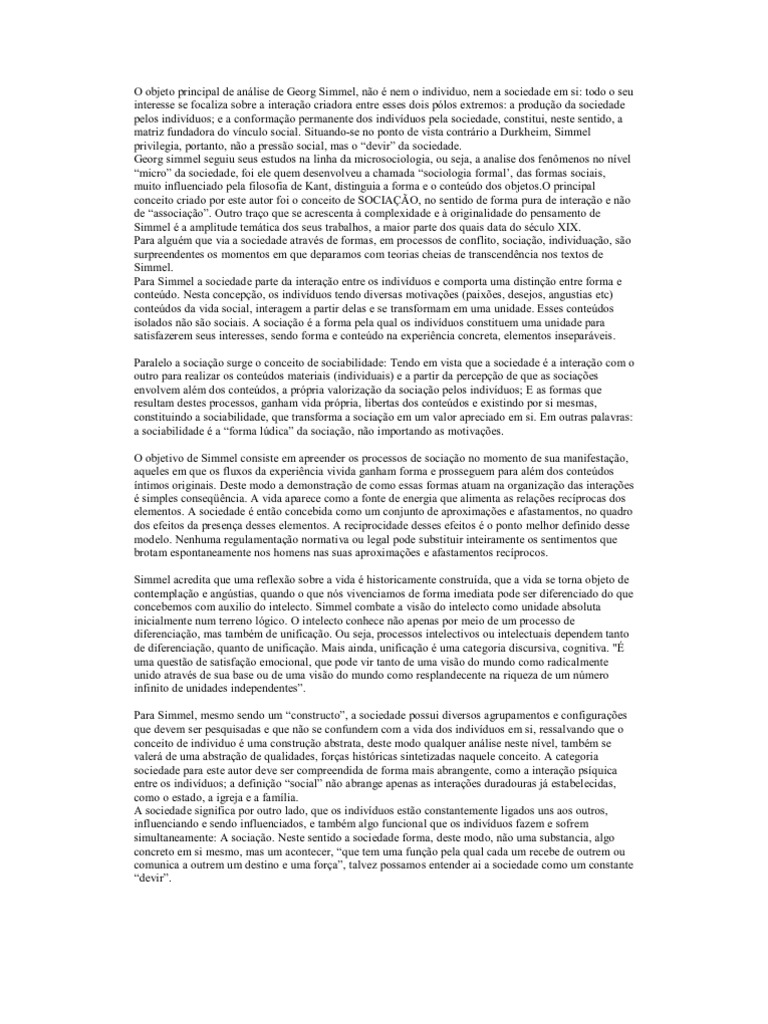 Simmel e o Objeto Principal na Sociologia | PDF | Sociologia | Sociedade