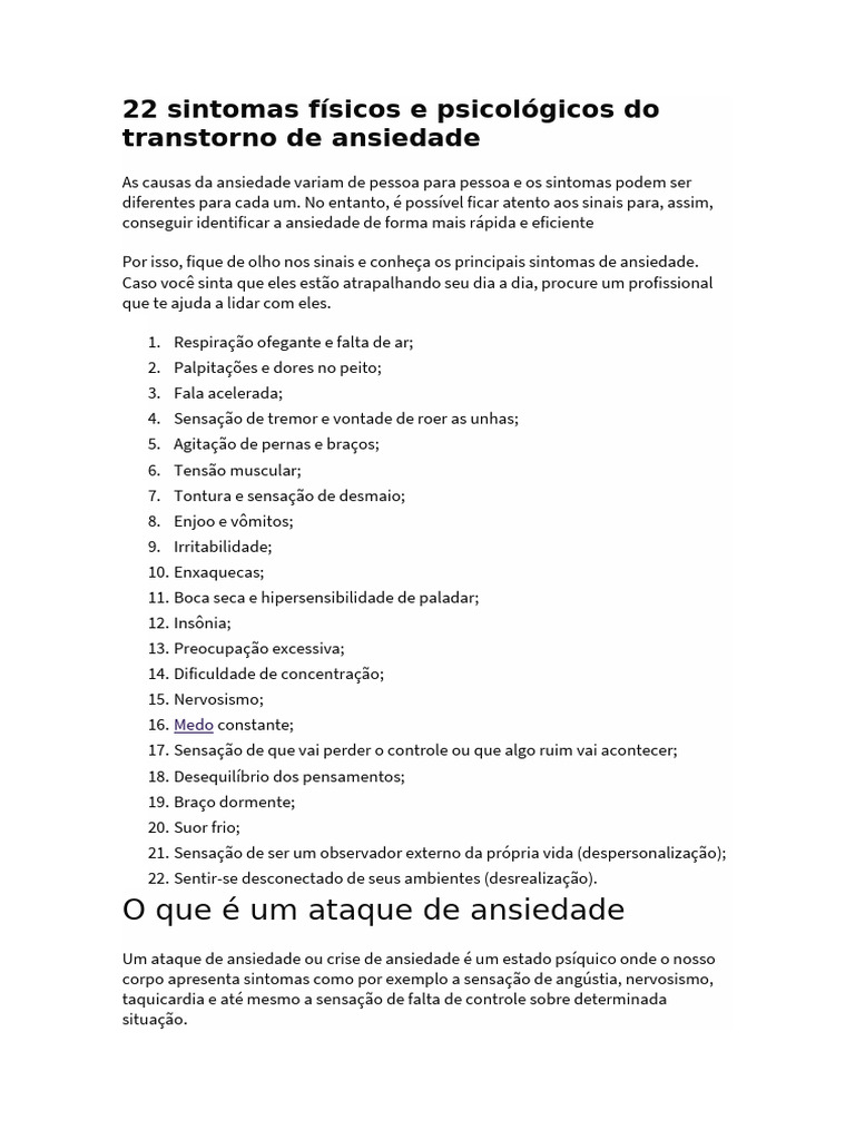 22 sintomas físicos e psicológicos do transtorno de ansiedade | PDF ...
