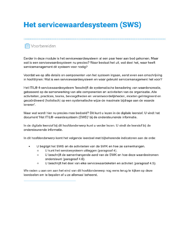Servicewaardesysteem SWS Part of ITIL 4 Foundation | PDF