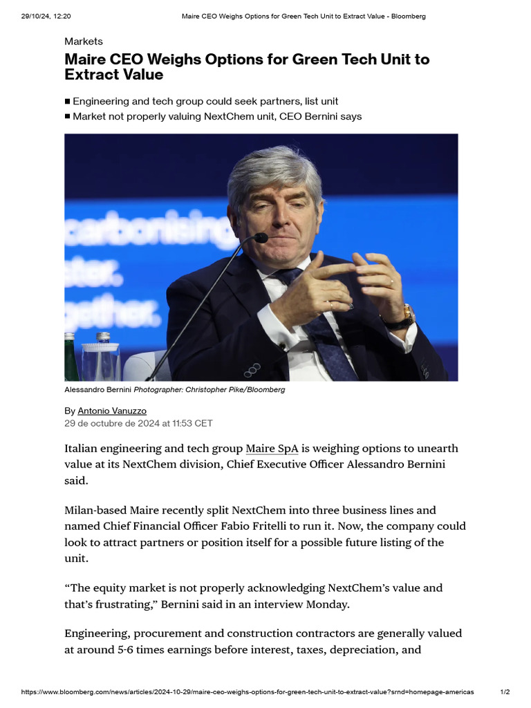 Maire CEO Weighs Options For Green Tech Unit To Extract Value ...