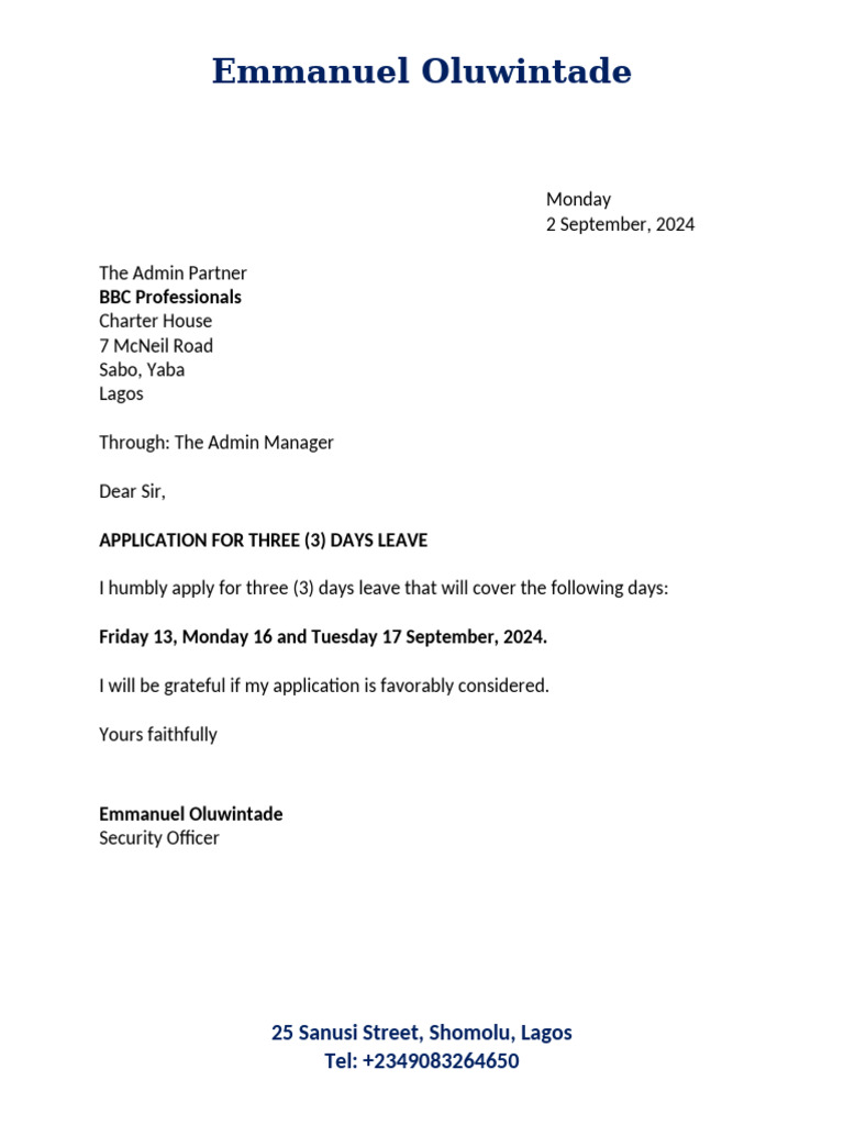 Leave Application for September 2024 | PDF