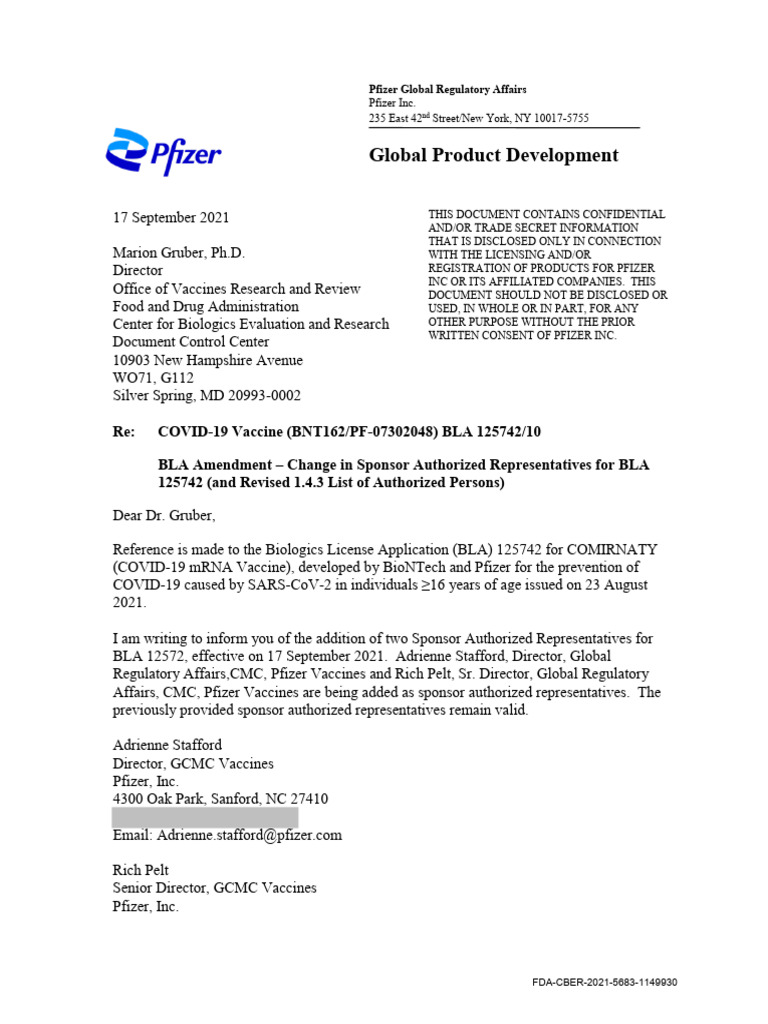 Pfizer COVID-19 Vaccine BLA Amendment | PDF | Pfizer | Biotechnology