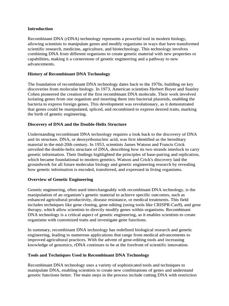 Overview of Recombinant DNA Technology | PDF | Plasmid | Molecular Cloning