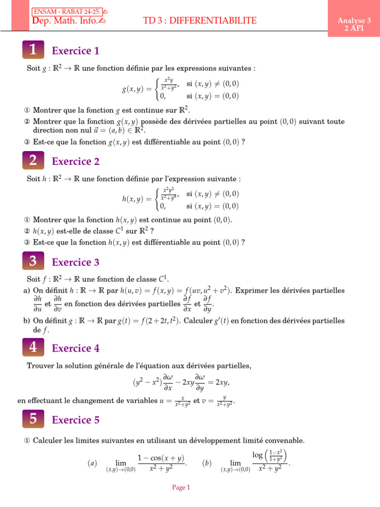 Différentiabilité des fonctions R² en TD 3 | PDF | Calcul différentiel ...