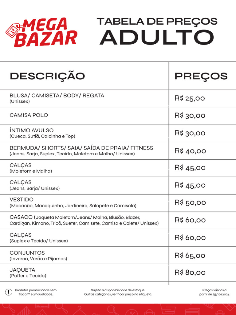 Tabela de Preços 2024 - Roupas e Acessórios | PDF | Moda | Roupas