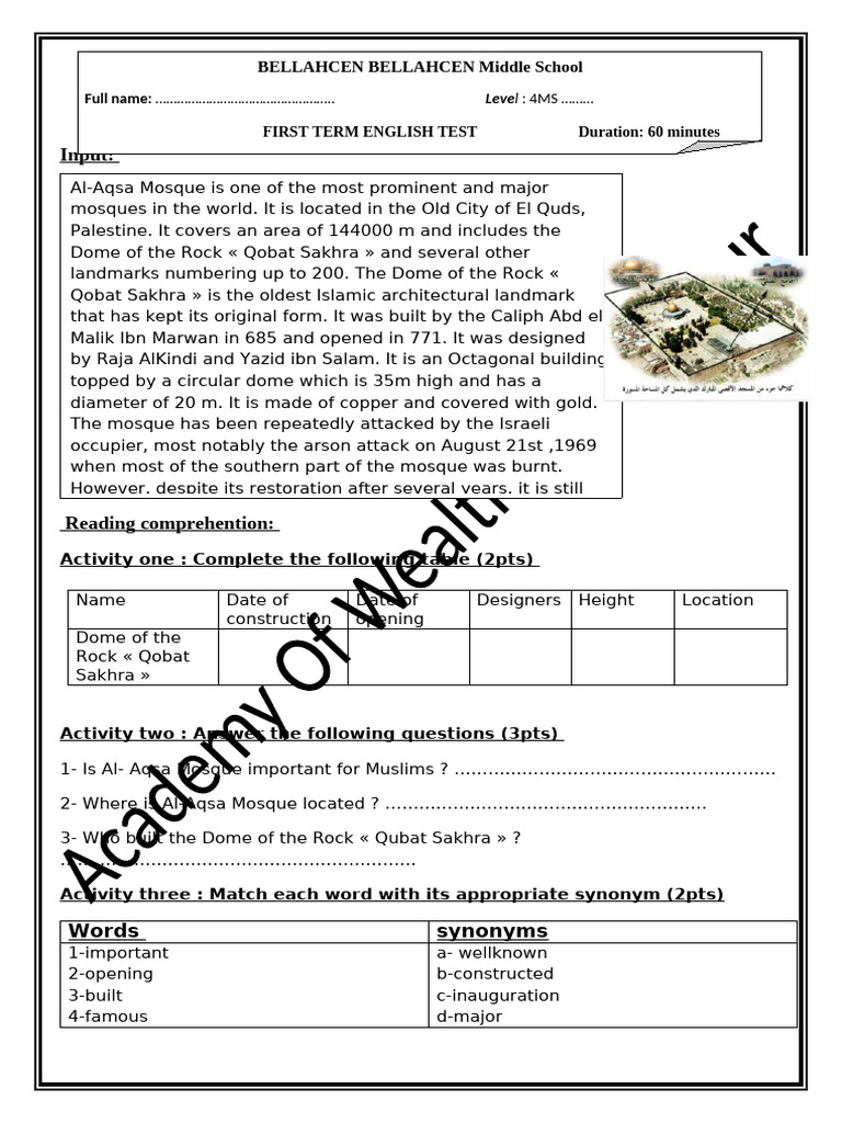 4ms First Term English Test 2024 By Amour Rabah Pdf Al Aqsa Mosque