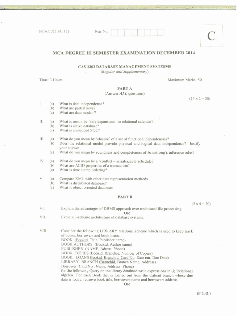 MCA III Semester Database Exam 2014 | PDF | Databases | Data Model