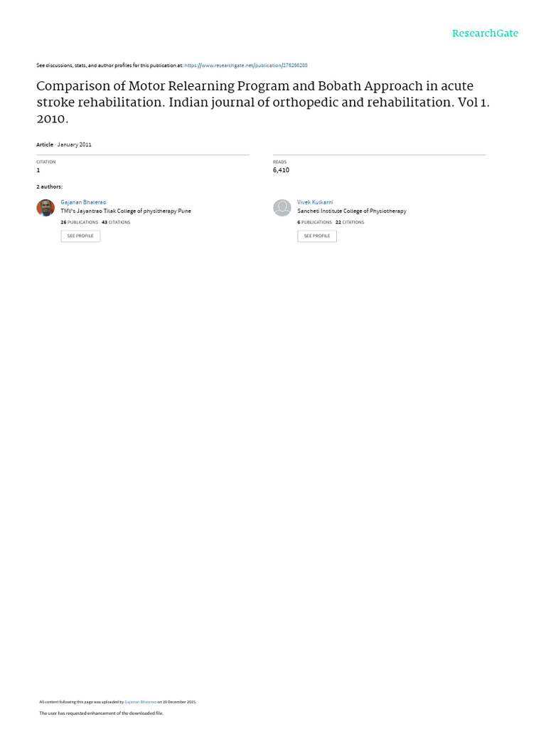 Comparison of Motor Relearning Program and Bobath Approach in Acute ...