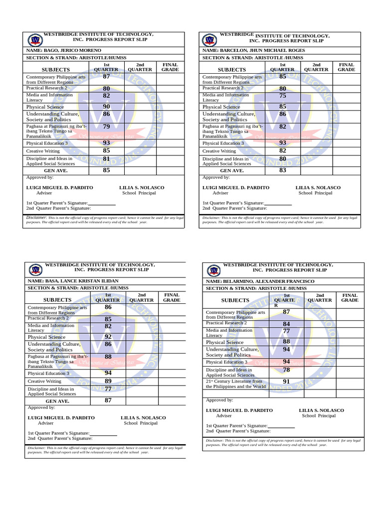 12 Aristotle Progress Slip | PDF | Science | Student Assessment And ...