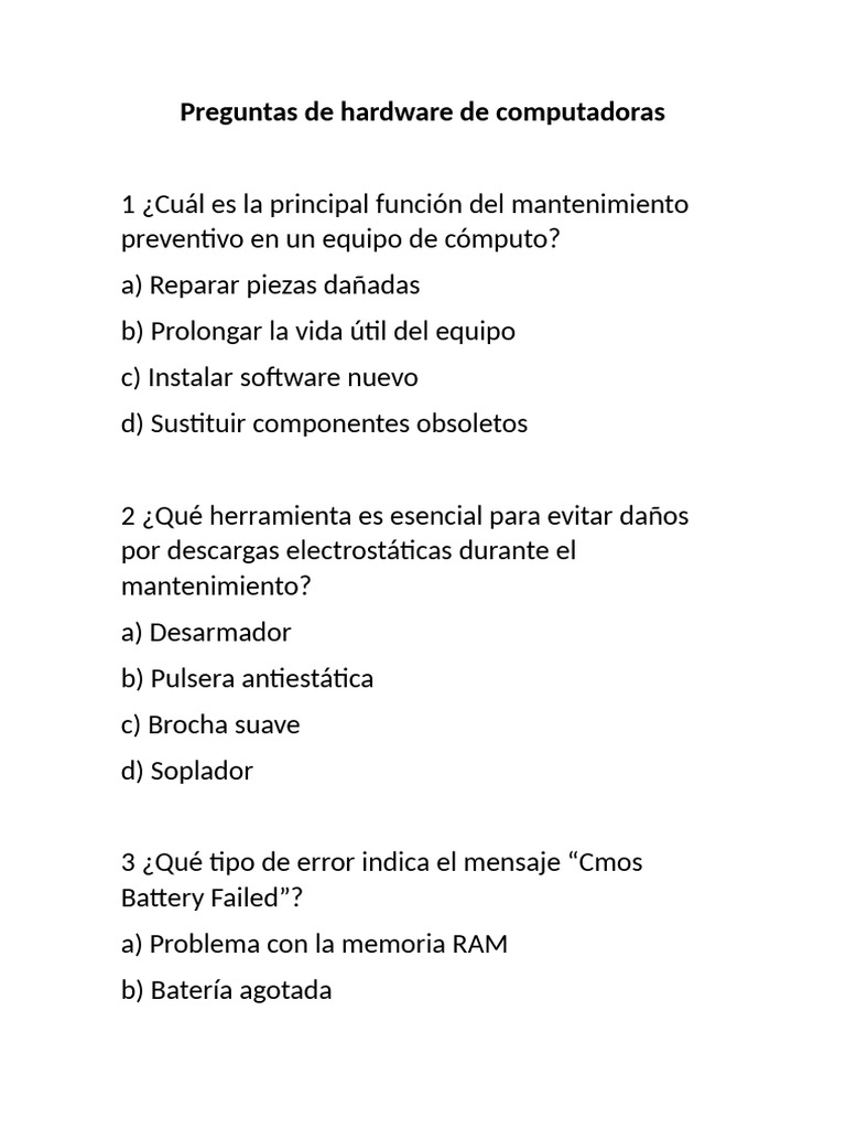 Preguntas sobre Mantenimiento de Hardware | PDF | Hardware de la ...