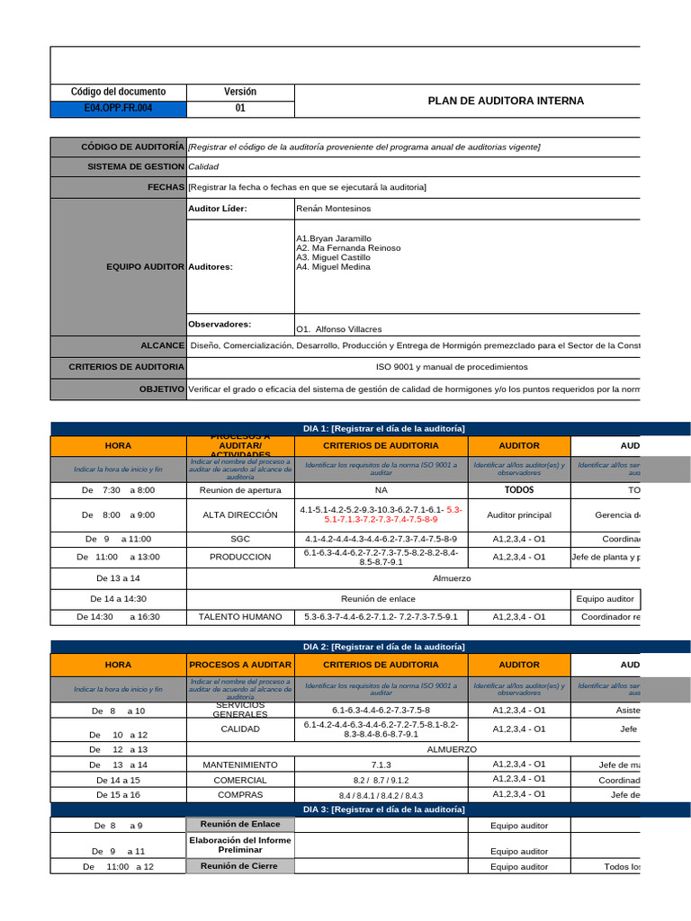 Plan de Auditoría Interna ISO 9001 | PDF | Auditoría | Contralor