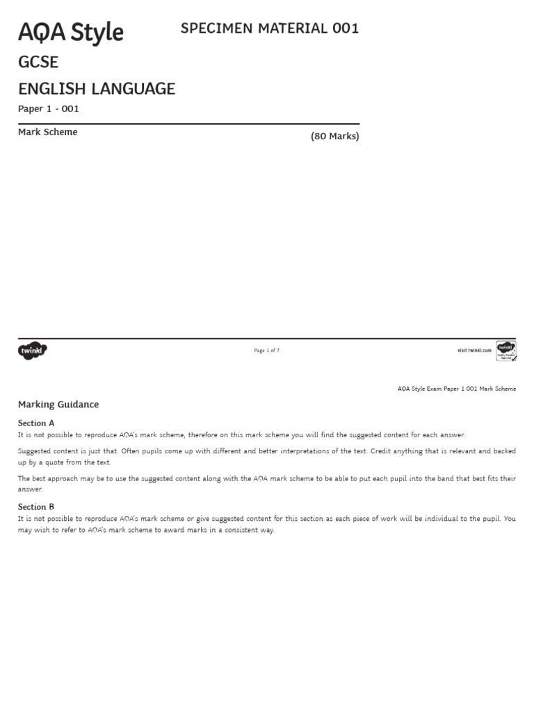 AQA GCSE English Language Paper 1 Mark Scheme | PDF | Anger | Linguistics