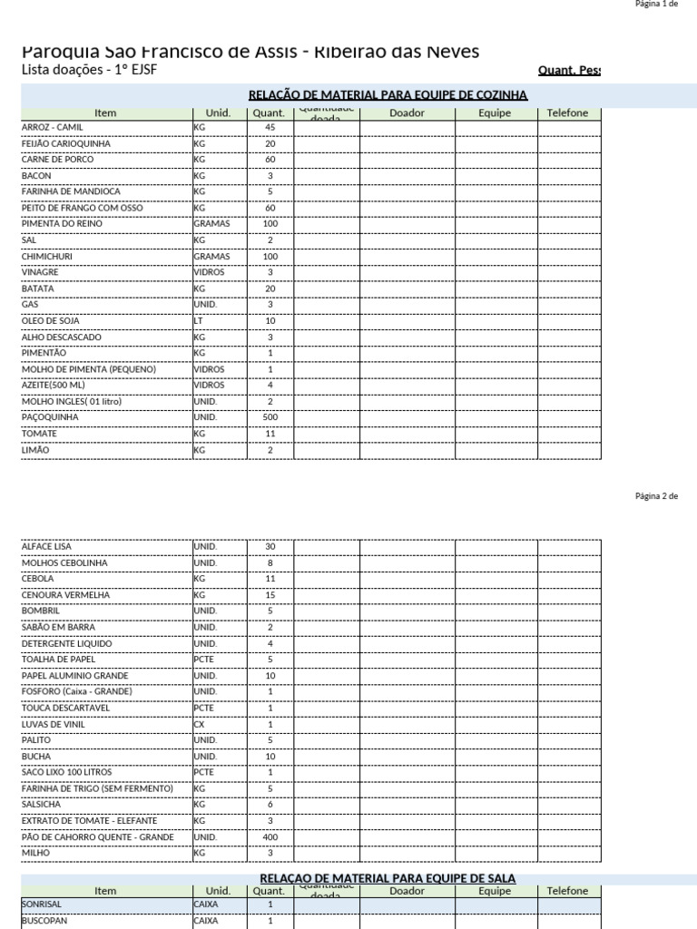 LISTA PARA DOAÇÕES - 1º EJSF 2024 GERAL | PDF | Alimentos ...