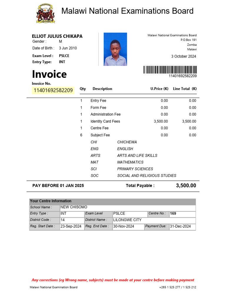 PSLCE Exam Invoice for Elliot Chikapa | PDF | Payments