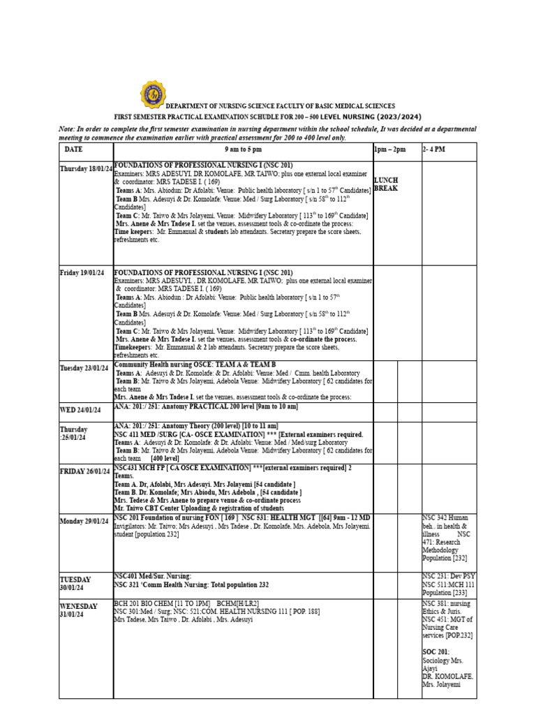 Nursing Practical Exam Schedule 2023/24 | PDF | Health Care | Medicine