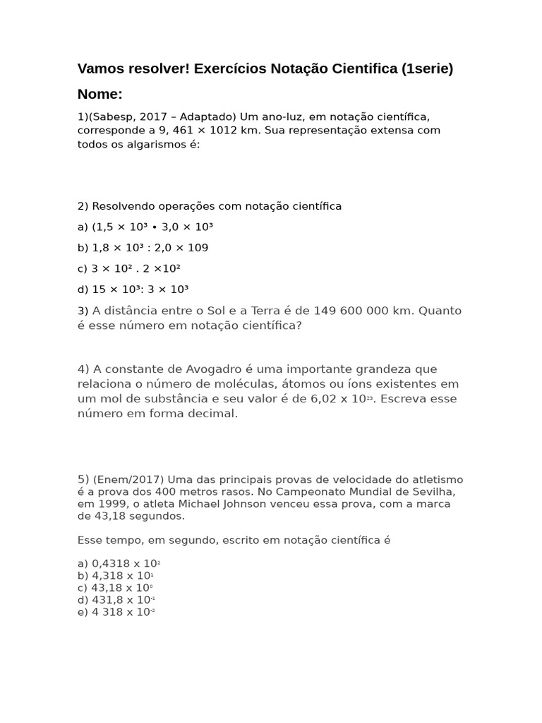 Exercícios de Notação Científica 9º Ano | PDF