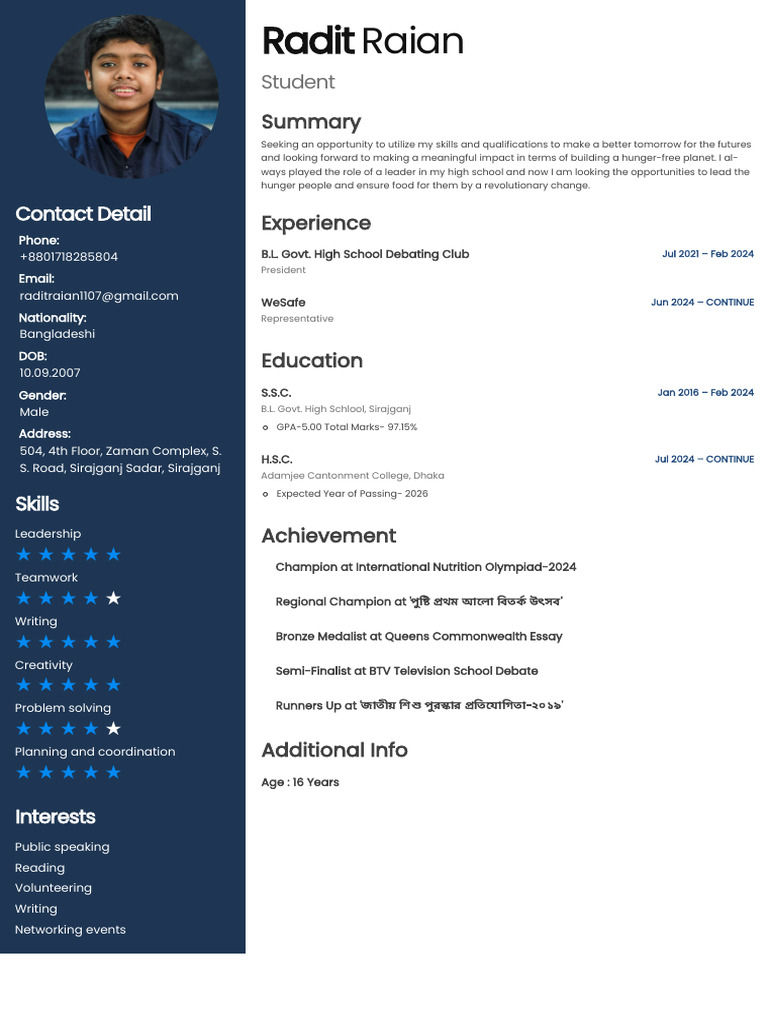 Radit Raian: Student Profile & Achievements | PDF