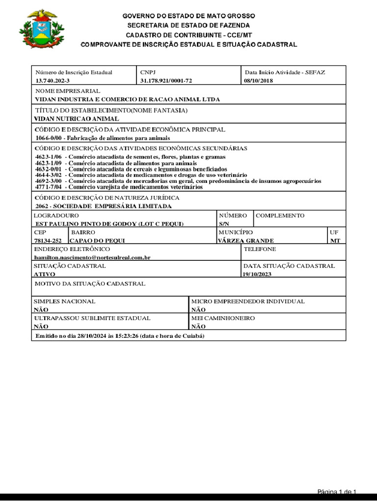 Cartão Contribuinte Inscrição Estadual 137402023 | PDF