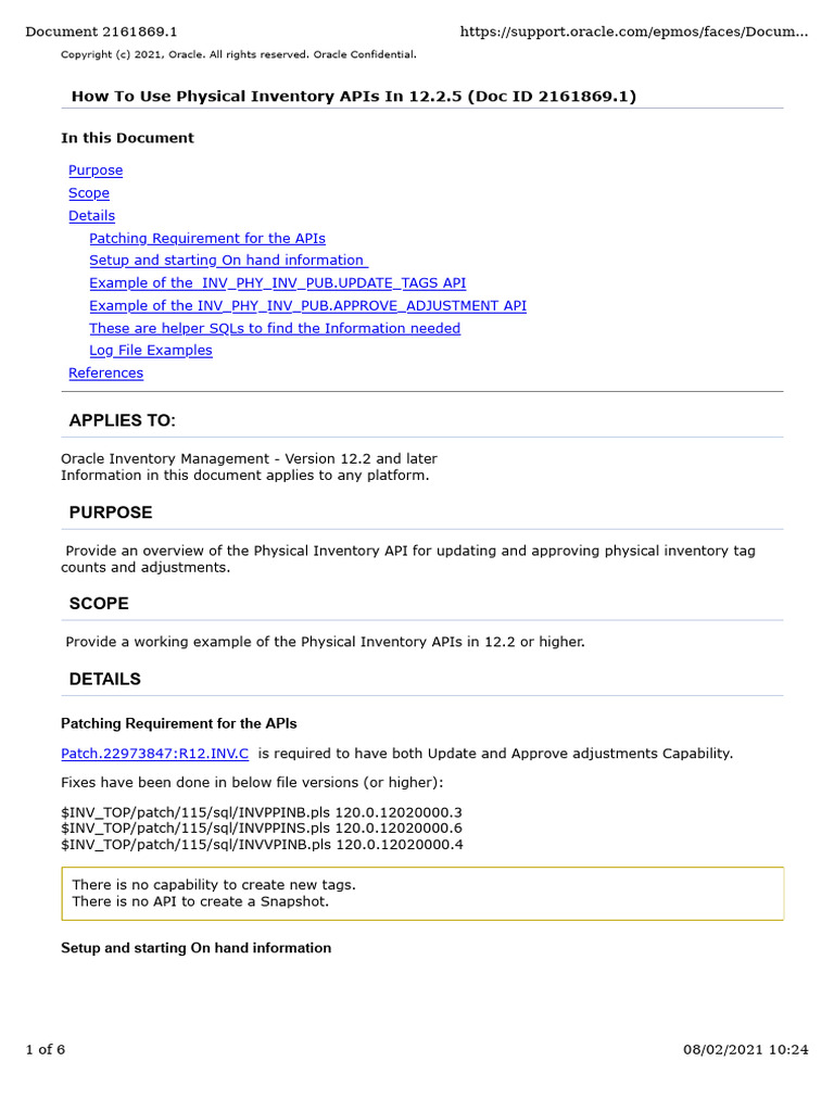 How To Use Physical Inventory APIs in 12.2.5 (Doc ID 2161869.1) | PDF ...