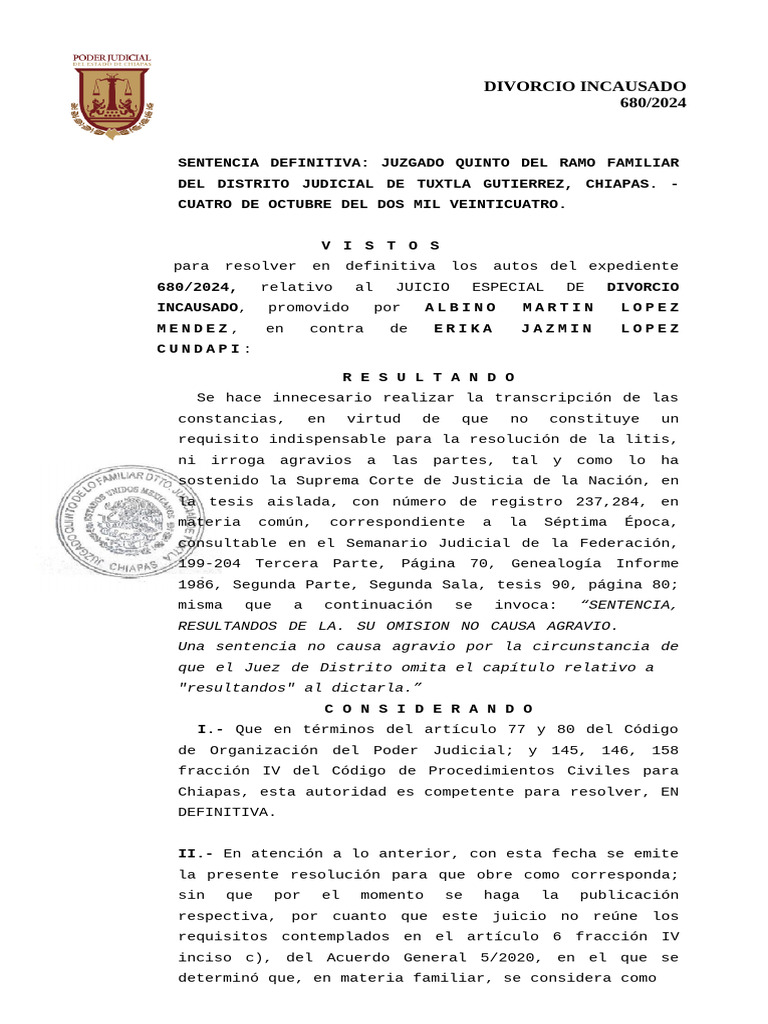 Sentencia de Divorcio Incausado 680/2024 | PDF | Divorcio | Sentencia (ley)